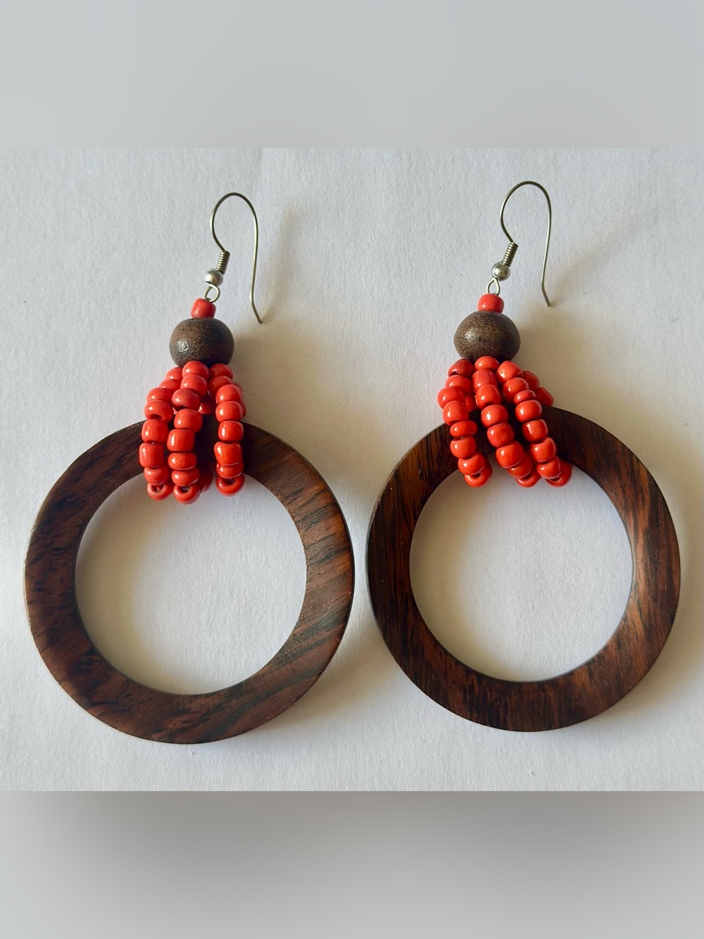 Handcrafted Wooden Hoop Earrings with Coral Red Beads